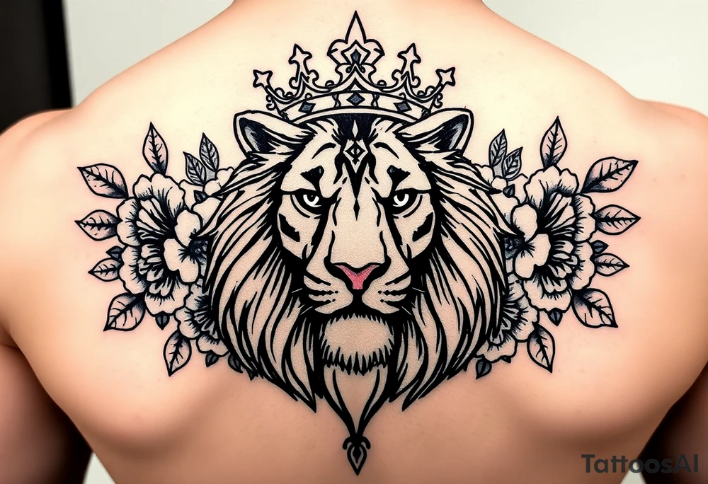 powerful majestic lion with a crown, surrounded by floral orna tattoo idea