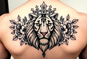 powerful majestic lion with a crown, surrounded by floral orna tattoo idea