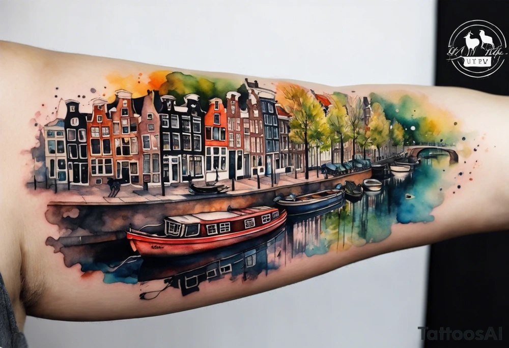 Watercolour style arm tattoo of animals and wildlife in Amsterdam canal tattoo idea