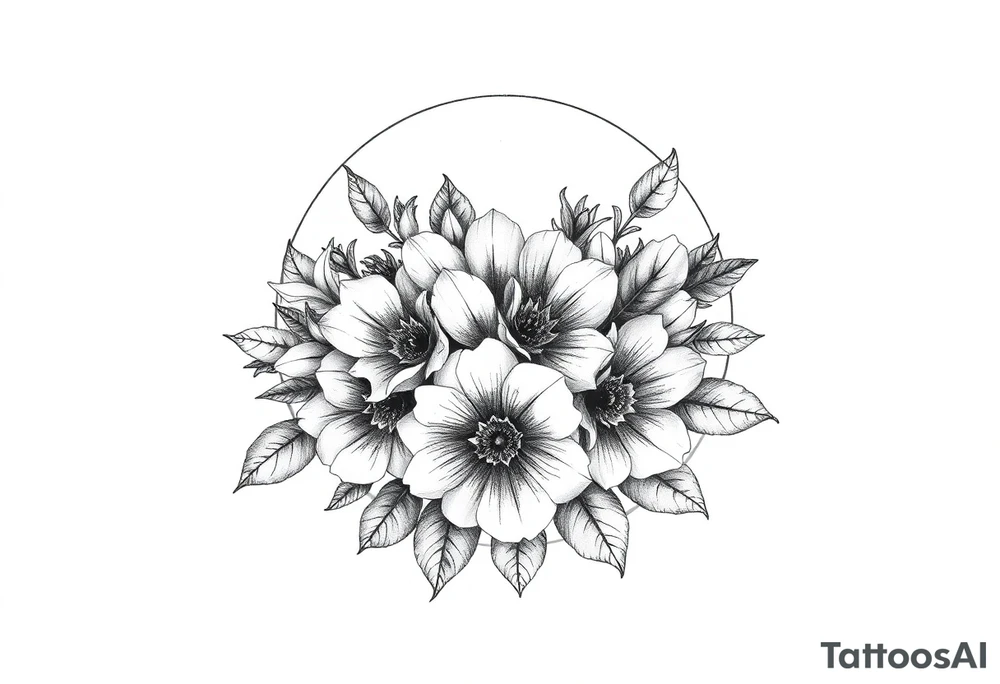 moon-shaped diferent flowers tattoo idea