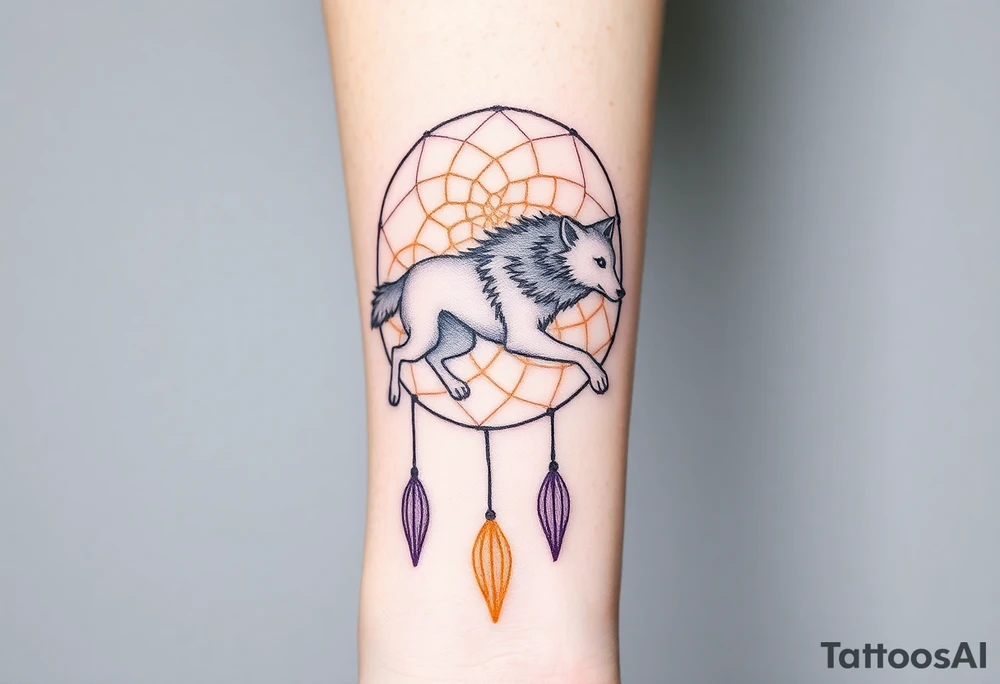 A wolf running through a dreamcatcher, with dreamcatcher threads trailing behind it, giving a sense of movement. The wolf is painted in silver and white, and the threads are in golden yellow and purple. tattoo idea