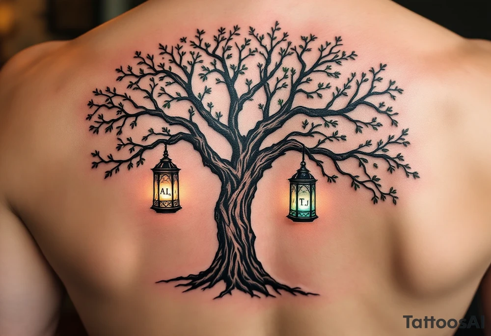 Tree with lanterns hanging from branches, each lantern glowing with initials and birthstones as colors: A.L. – Sapphire Blue, T.J. – Emerald Green, M.E. – Ruby Red. Rich, earthy tones with gemstone accent highlights. tattoo idea