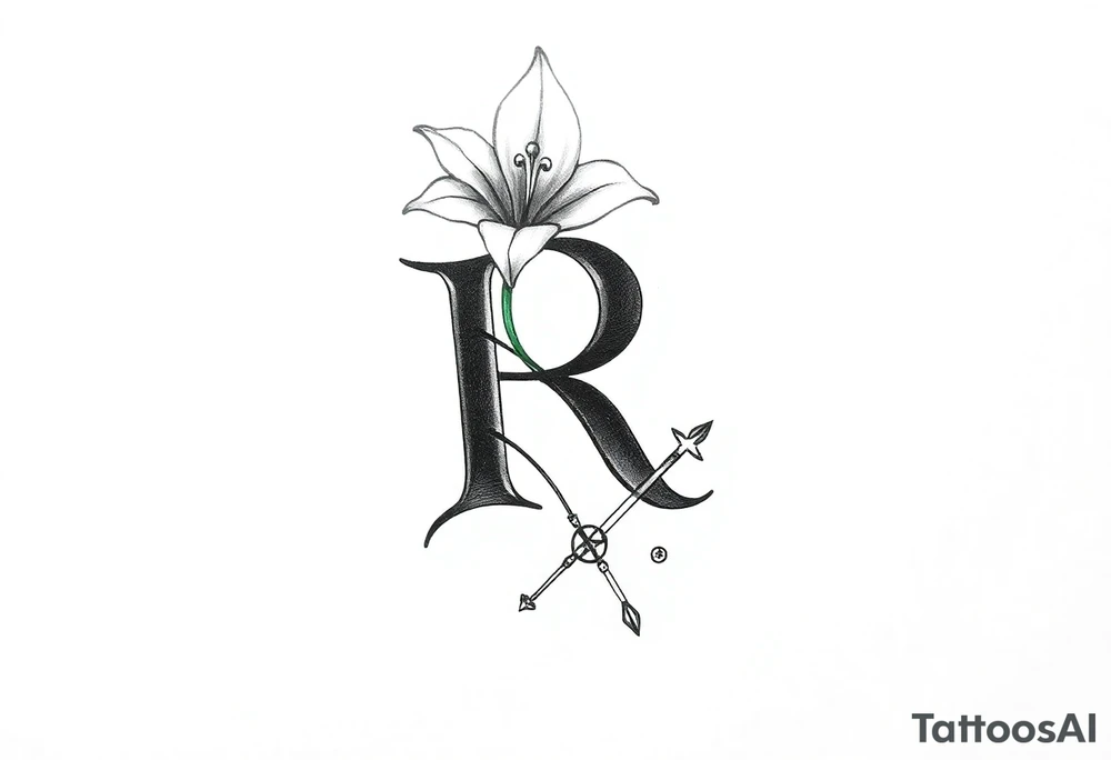 Give me a 'R' with a lily come out the top and a Sagittarius at the bottom tattoo idea