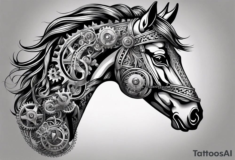 a horse head made out of gears. The horse's mane made out of rope tattoo idea