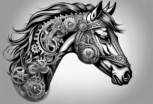 a horse head made out of gears. The horse's mane made out of rope tattoo idea