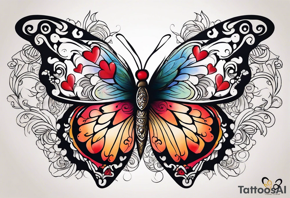 butterfly surrounded by hearts tattoo idea