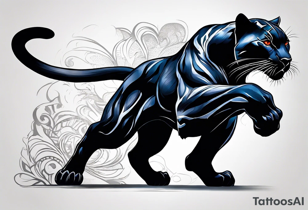 unique black panther tattoo, dynamic pose, showcasing its strength and grace, striking red eyes, intense and captivating elements, artistic flair, blending realism with abstract elements tattoo idea