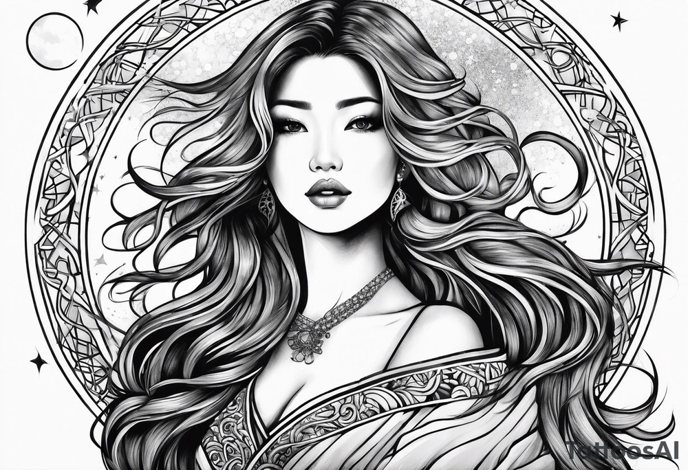 long haired woman reaching to stars tattoo idea