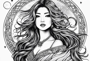 long haired woman reaching to stars tattoo idea