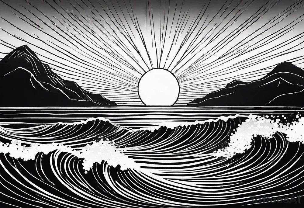 hand drawn minimal sunset. Only waves and sunset in the image. tattoo idea