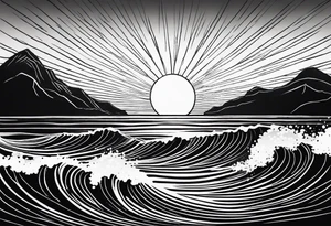 hand drawn minimal sunset. Only waves and sunset in the image. tattoo idea