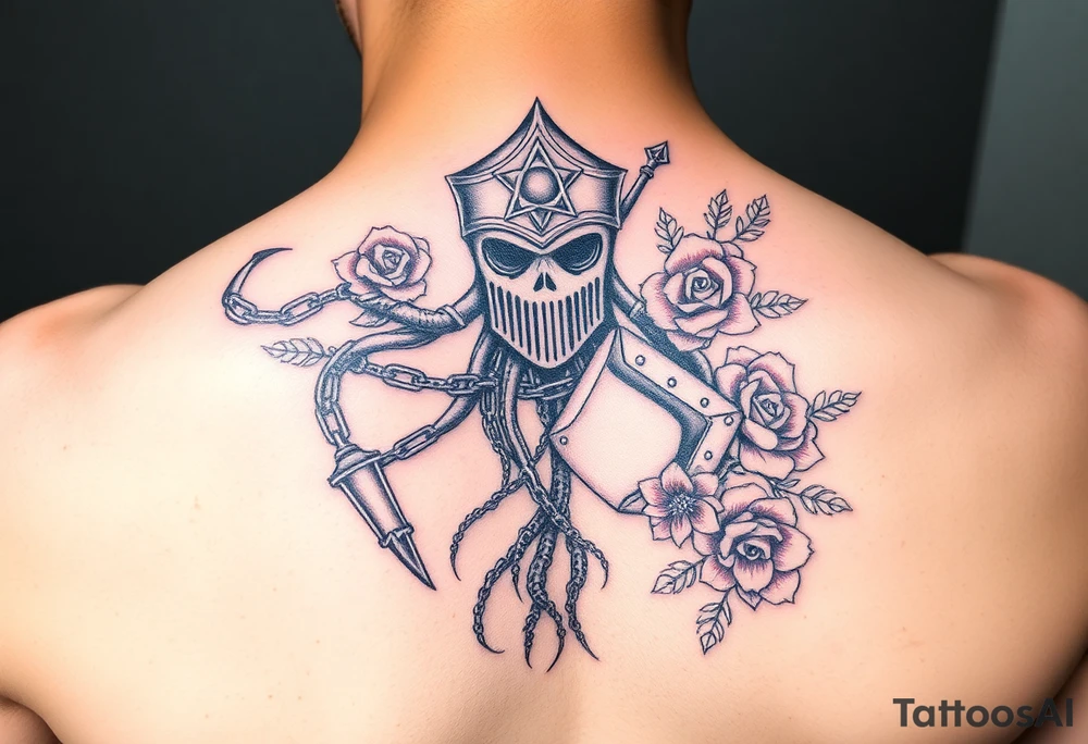 Squid and knight and sailor hat combined with chains, tree roots, cherry blossoms and roses rolling dice tattoo idea