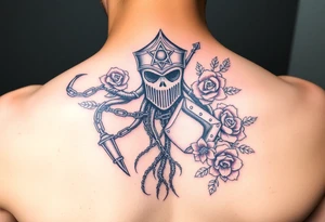 Squid and knight and sailor hat combined with chains, tree roots, cherry blossoms and roses rolling dice tattoo idea