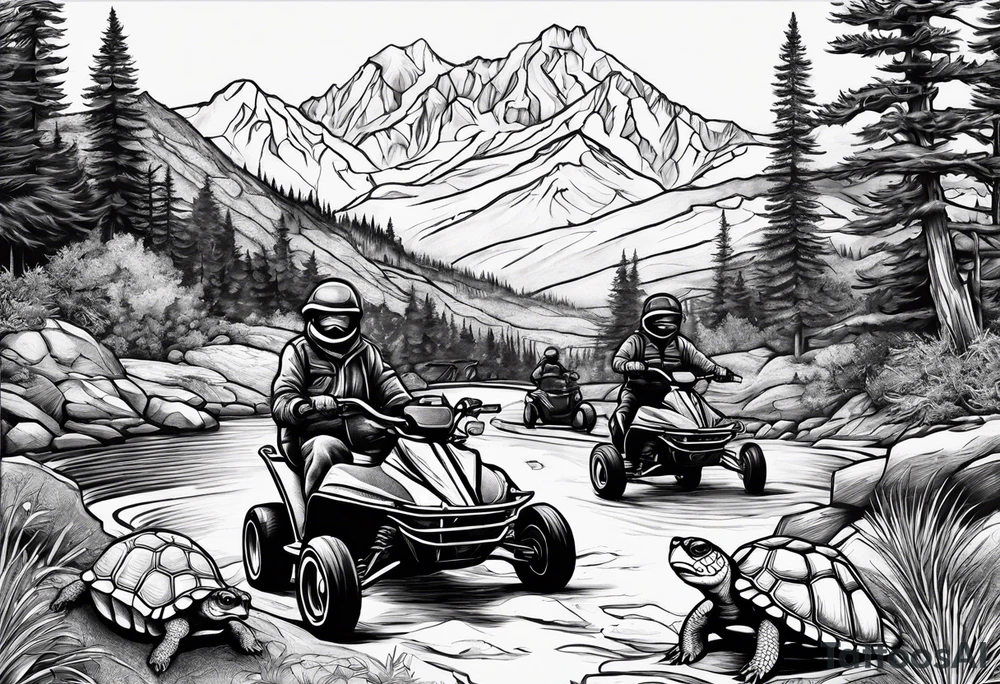 Wasatch Mountain scape with a Honda three wheeler and four turtles watching from the path tattoo idea