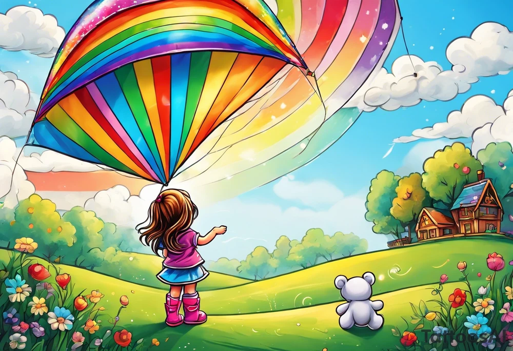 the image of a little girl facing away, flying a kite, with a teddy bear wearing rainbow boots tattoo idea