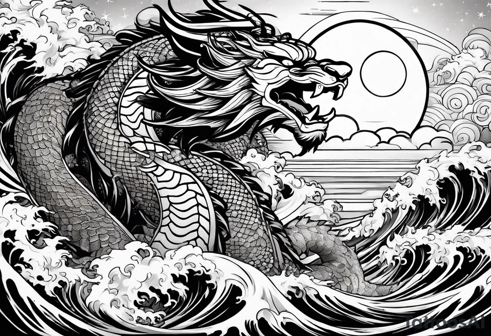 A strip with a japonese dragon, a samurai, an oni and a tiger with waves bellow and clouds above with the sun and the moon tattoo idea