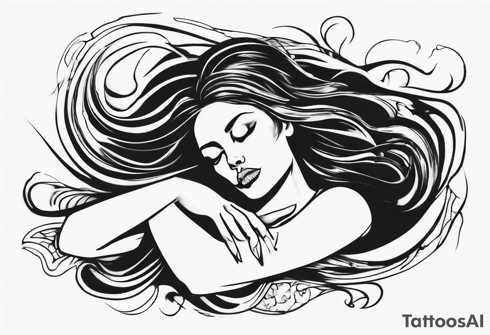 abstract woman laying with her back facing the front and her hair flowing tattoo idea