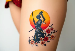noble female samurai warrior silhouette at sunset with flowers, yellows and reds tattoo idea