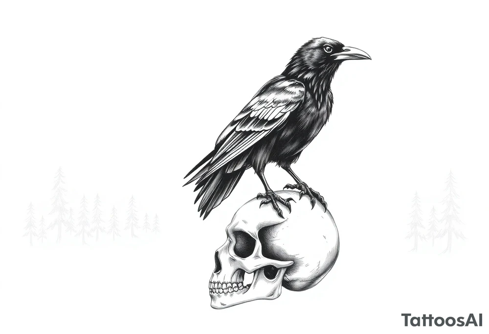 a raven stands on a skull, a forest in the background. tattoo idea