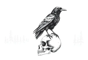 a raven stands on a skull, a forest in the background. tattoo idea