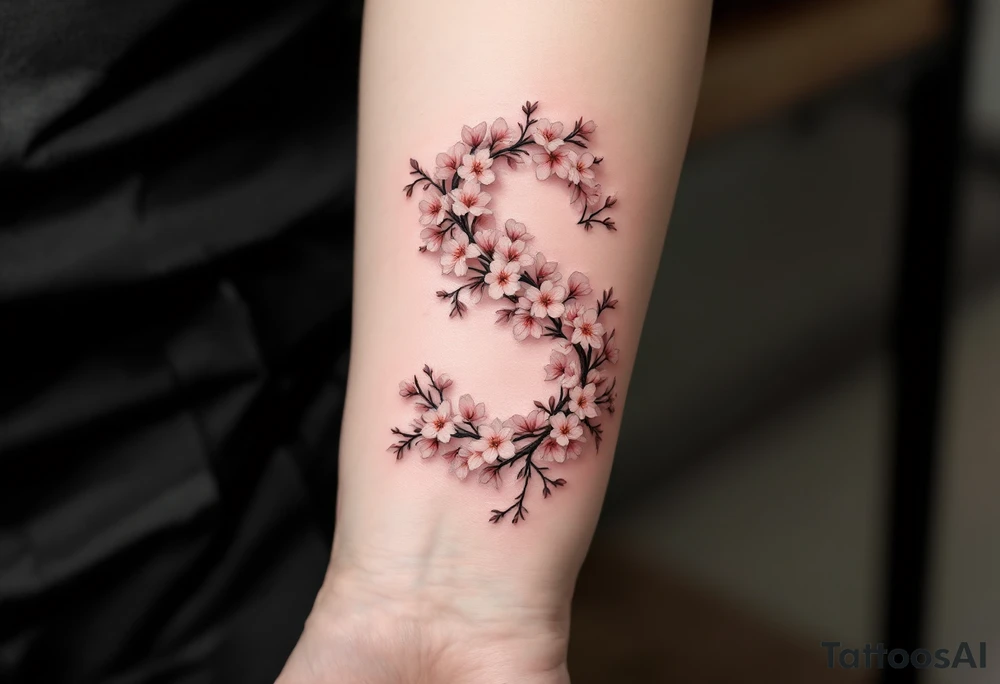 A cherry blossom-covered "S" with pale pink flowers and brown branches. tattoo idea