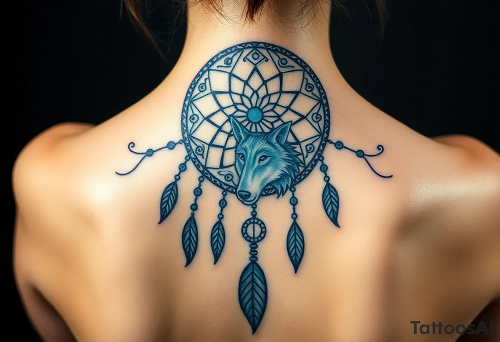 Dreamcatcher with zodiac symbols and protection runes caught in it with wolf teal tattoo idea