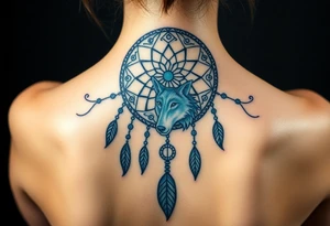 Dreamcatcher with zodiac symbols and protection runes caught in it with wolf teal tattoo idea