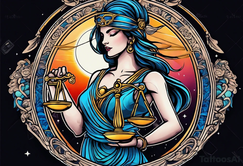 Themis holding the scales of justice while blindfolded with a moon in the background in color tattoo idea