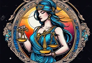 Themis holding the scales of justice while blindfolded with a moon in the background in color tattoo idea