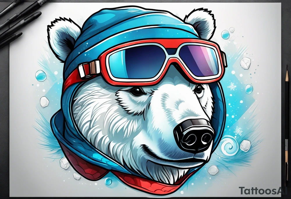 Polar bear wearing a winter hat and snow goggles tattoo idea