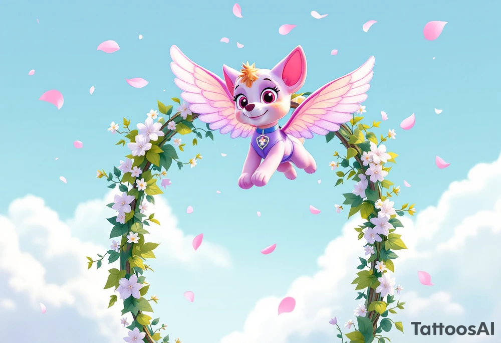 Skye from paw patrol flying gracefully above a wedding arch, her wings shimmering in soft pink and lavender hues, with delicate petals falling around her. The arch is adorned with ivy and small white flowers, symbolizing love and unity. tattoo idea