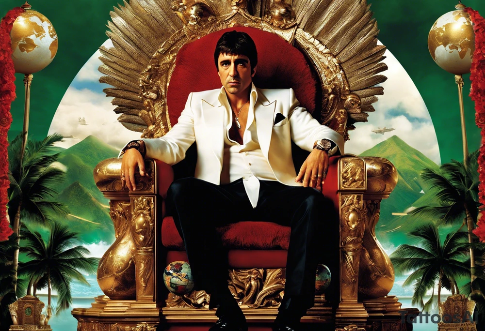 Tony Montana sitting on his throne with his infamous "The World is Yours" globe in hand, surrounded by elements that represent key scenes or motifs from the movie? For example, you could include symbols like piles of cocaine, palm trees, guns, and perhaps even the iconic "Say hello to my little friend" scene in the background. This would create a dynamic and visually captivating tattoo that pays homage to Scarface in a unique and personalized way. tattoo idea