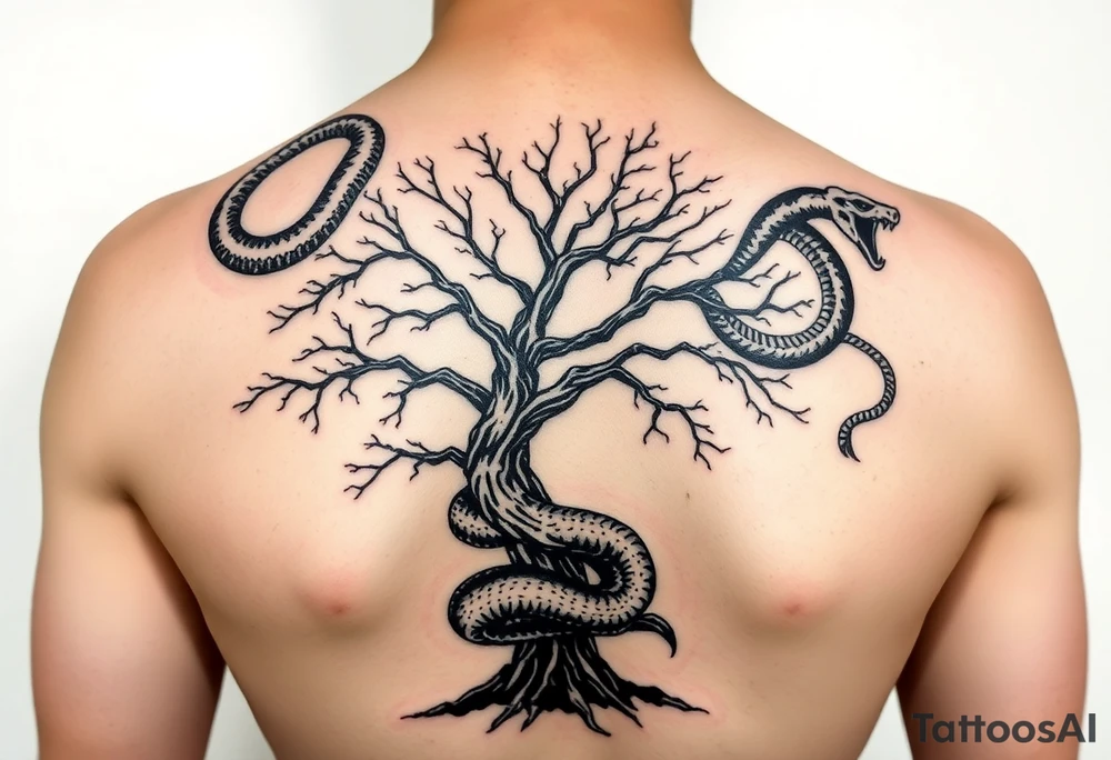 "I want a tree tattoo on my back, with a snake wrapping around the tree and continuing up over my right shoulder, ending with its head on my left shoulder." tattoo idea
