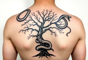 "I want a tree tattoo on my back, with a snake wrapping around the tree and continuing up over my right shoulder, ending with its head on my left shoulder." tattoo idea