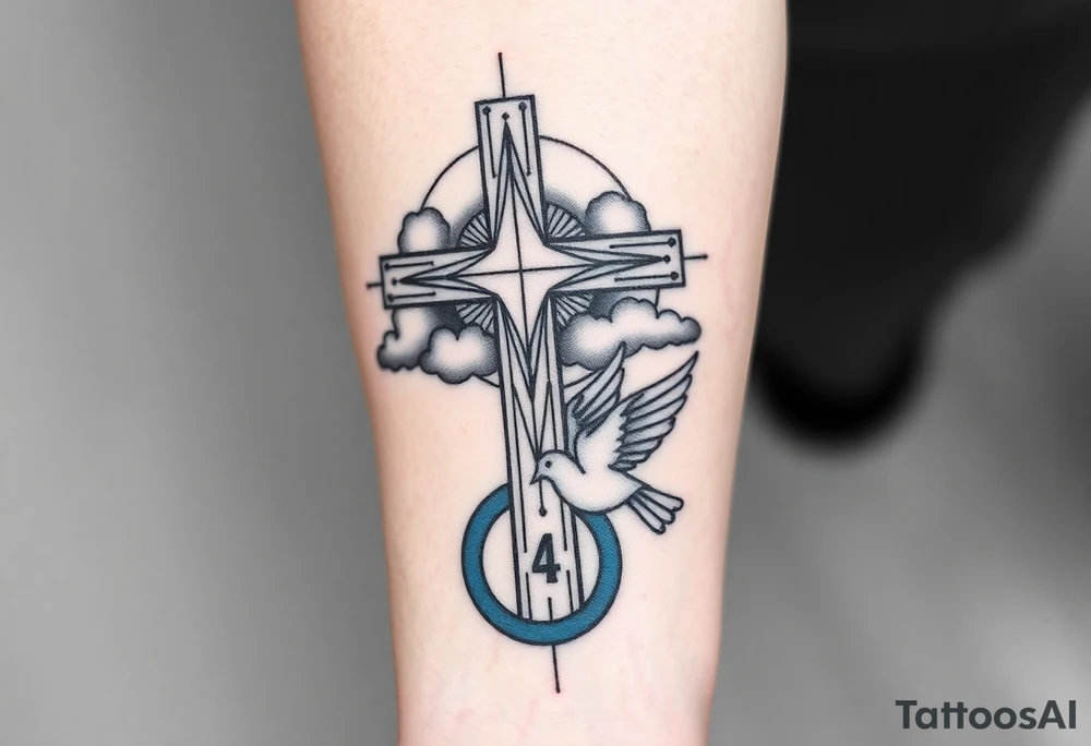 Big cross with clouds in the back with a dove a the bottom left of the forearm with a blue circle ring it and the number 4 to the of the dove. cover the whole forearm tattoo idea