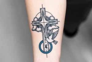 Big cross with clouds in the back with a dove a the bottom left of the forearm with a blue circle ring it and the number 4 to the of the dove. cover the whole forearm tattoo idea