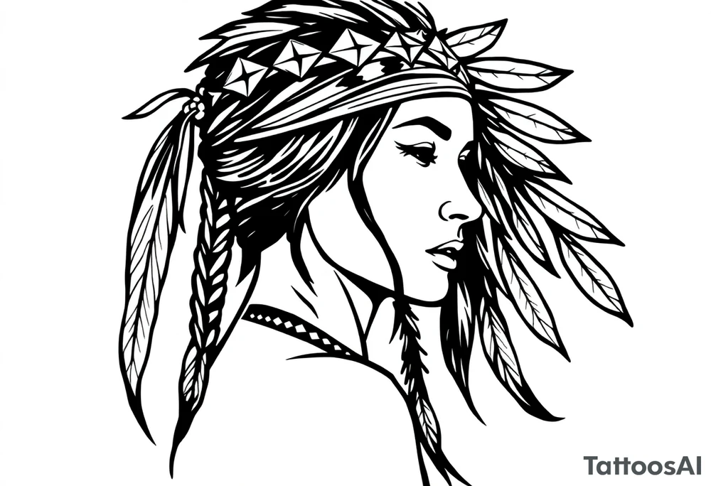 Female Native American wearing headband side pose tattoo idea