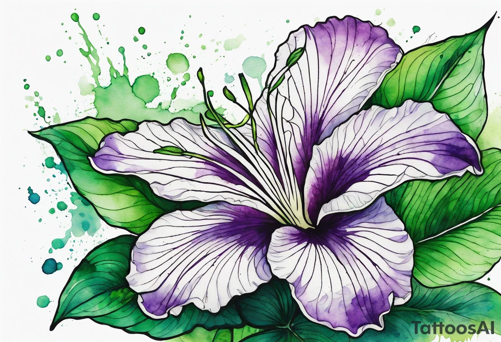 An outline of an only green rio dipladenia flower and a green and purple watercolor splash in the background tattoo idea