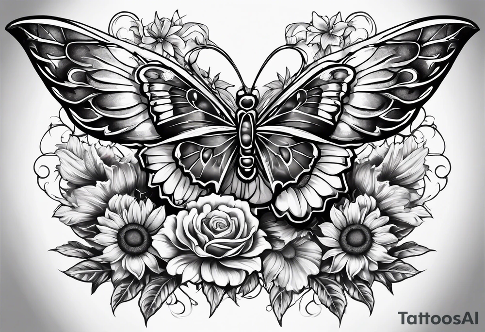 Winged cross with sunflower and butterflies tattoo idea