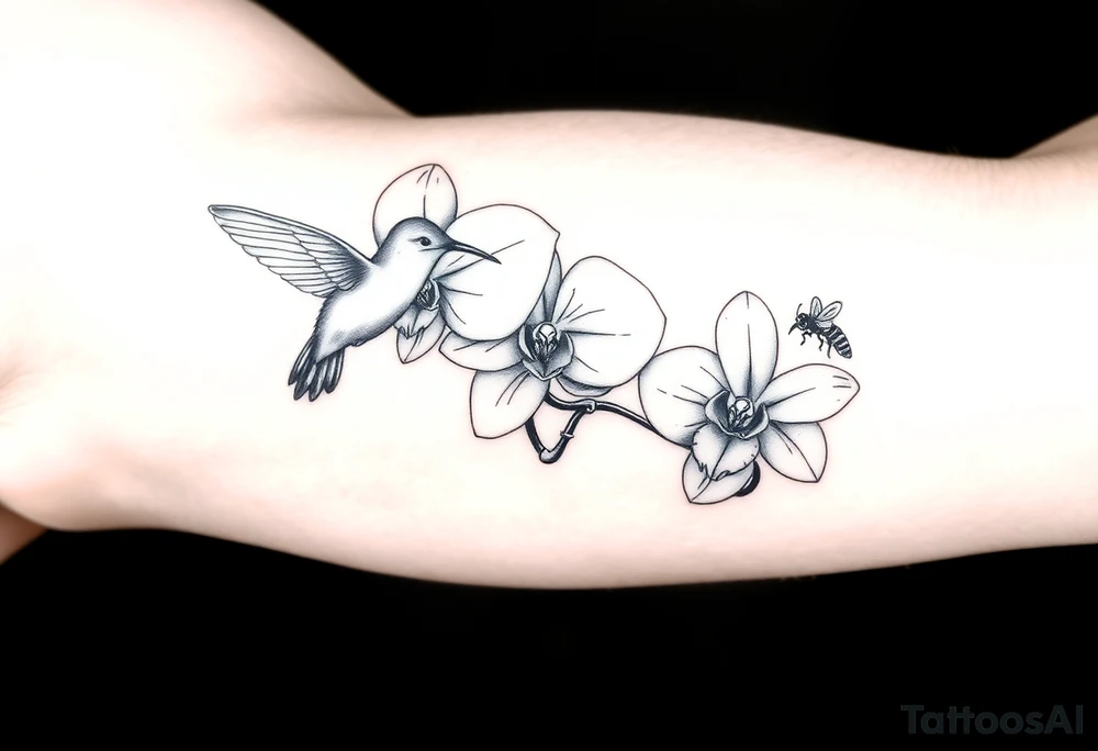 A delicate, black and white fine-line tattoo for male, featuring gracefully detailed 2 orchids in full bloom including their stems, with soft, intricate petals and elegant curves. Beside it, a hummingbird hovers mid-flight, its wings drawn with subtle motion lines, its slender beak reaching toward the orchid’s center to drink its nectar. on the other flower there is a bee that is resting tattoo idea
