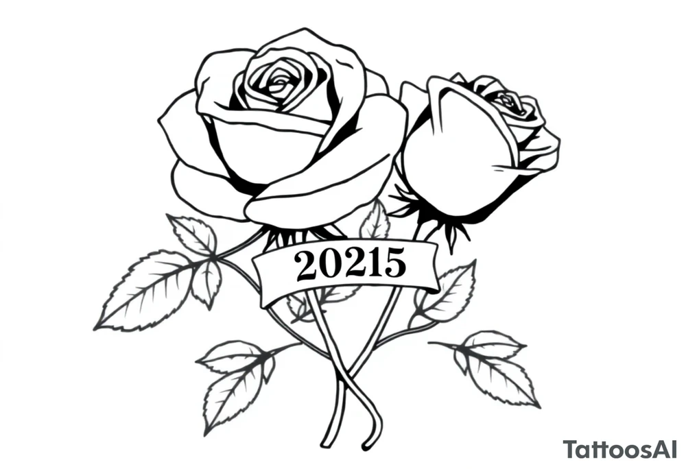 two beautiful large rose buds, one larger than the other, with many leaves next to the rose buds, with one sitting higher than the other. Include a banner connecting the two roses with the year "2025" on it.   Use dark outlines with little shading. The two stems should be short, not long, and connect and join into one stem, whimsically curved or twisted - not straight down. tattoo idea