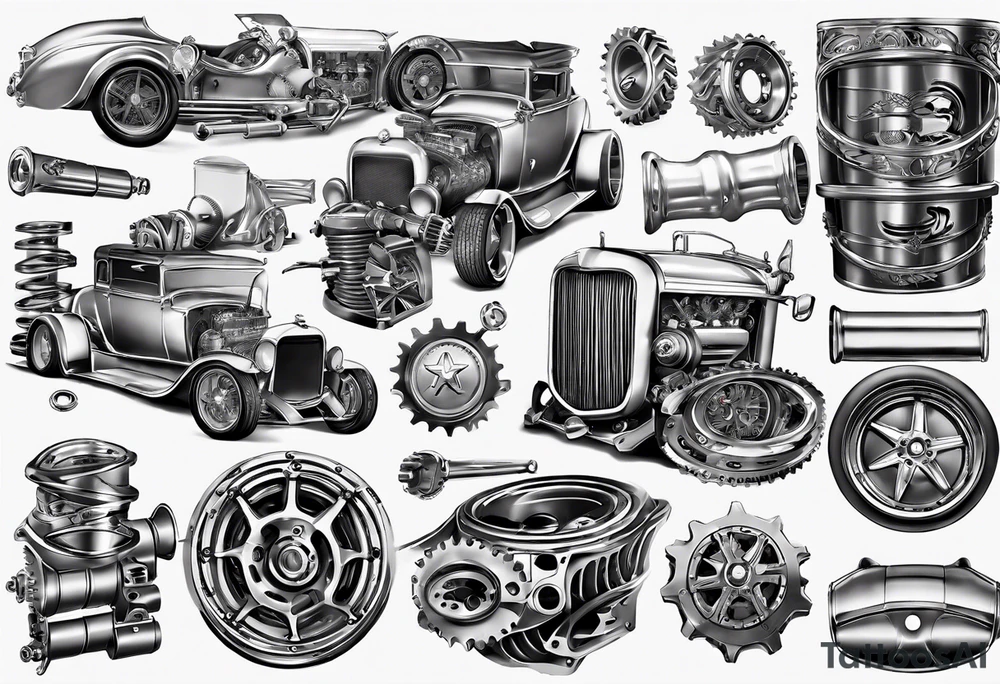 a new sketch for the hand sleeve tattoo featuring car parts. Here’s a detailed breakdown:

Design Elements:

	1.	Engine Block: Central feature.
	2.	Gears and Pistons: Surrounding and interlocking.
	3.	Wrenches and Tools: Adding mechanical details.
	4.	Exhaust Pipes: Curving for movement.
	5.	Speedometer and Gauges: Indicating performance.
	6.	Spark Plugs and Nuts: Scattered for detail. tattoo idea