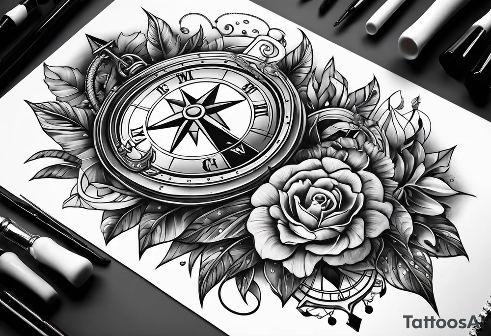 Combined tattoo with various nautical elements like anchor, compass and other nautical elements tattoo idea