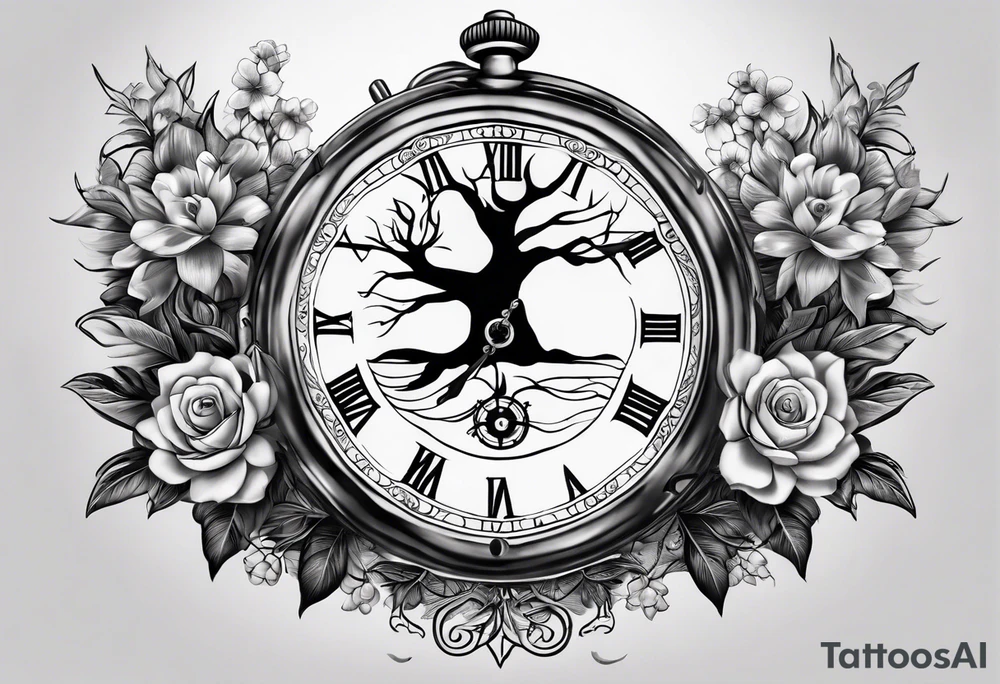 black and grey composition of three elements, 1), combination old school pocket watch and nautical compass, 2) a tree of life and 3) a doctor bird, connected together by lignum vitae flowers, on the arm 3/4 sleeve tattoo idea