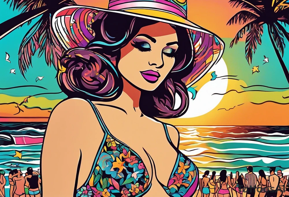 1960'S BEACH DANCE PARTY 
party, include confetti, music notes, 
, bikinis sunset in the center tattoo idea