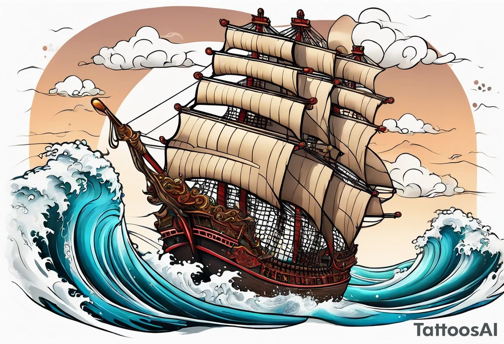 Chinese pirate ship in a tsunami tattoo idea