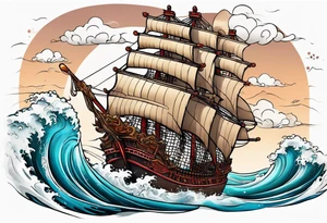 Chinese pirate ship in a tsunami tattoo idea