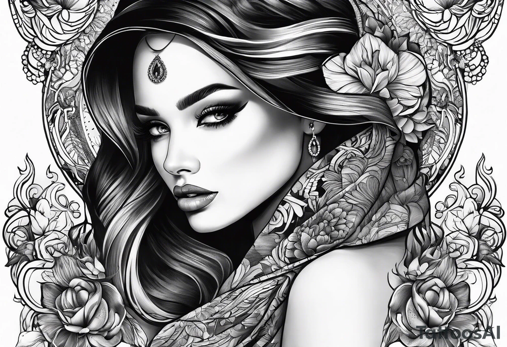 Half of beautiful woman face is invisible because of the fingers tattoo idea