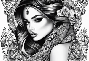 Half of beautiful woman face is invisible because of the fingers tattoo idea
