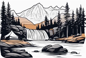 waterfall going into a river with a camp site in Australia tattoo idea